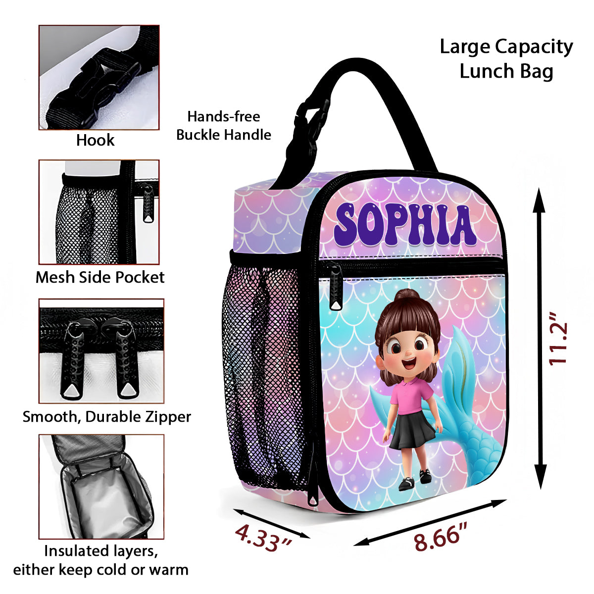 Cute Kid Dinosaurs Cars Astronaut Unicorn Mermaid Personalized Insulated Kid Lunch Bag, Back To School gift