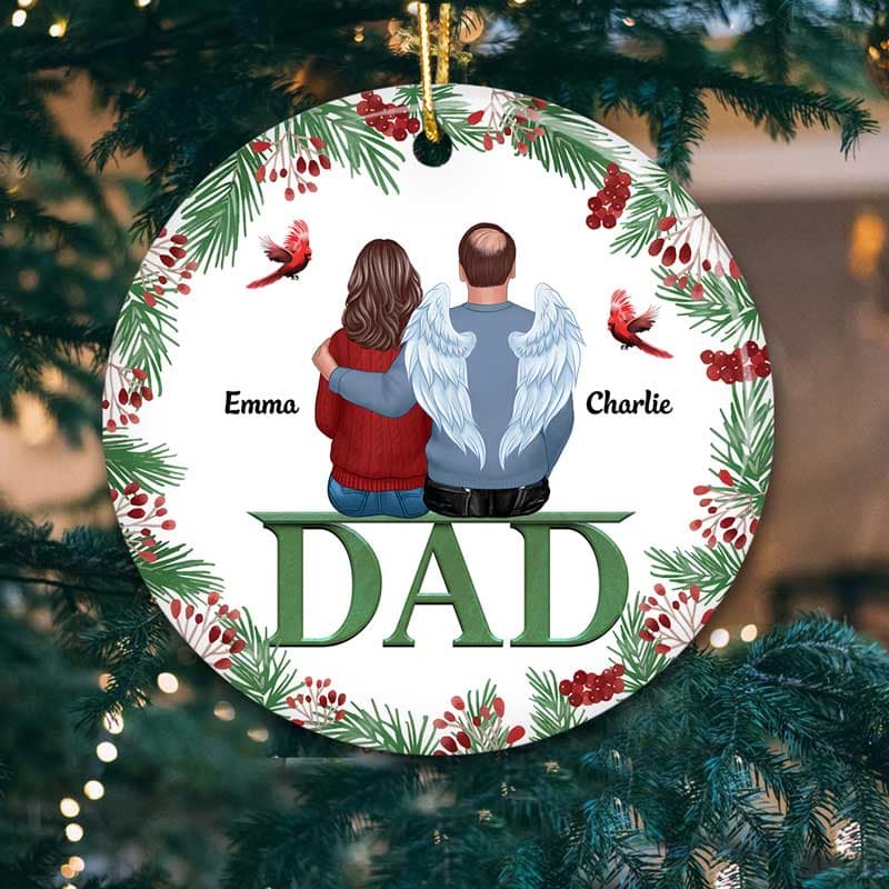 Dad Mom Memorial On Text Holly Branch Personalized Ornament
