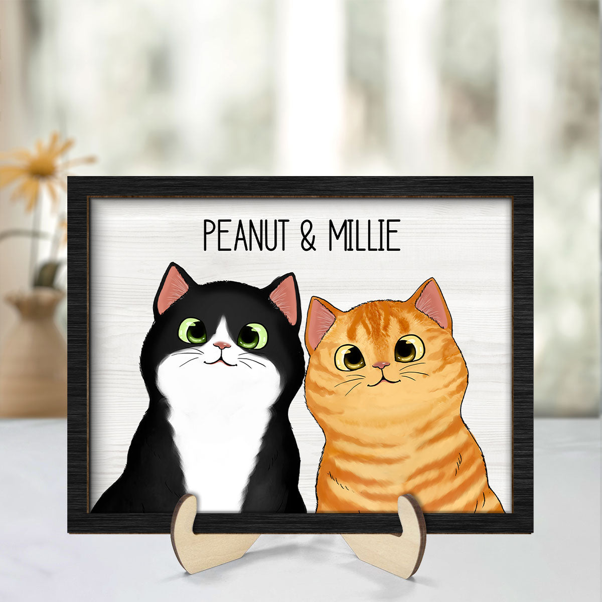 Peeking Fluffy Cats Personalized 2-Layer Wooden Plaque