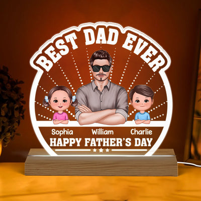 Best Dad Ever Crossed Hands Man Kids Dog Cat Personalized Custom Shaped Acrylic Plaque With Warm LED Night Light
