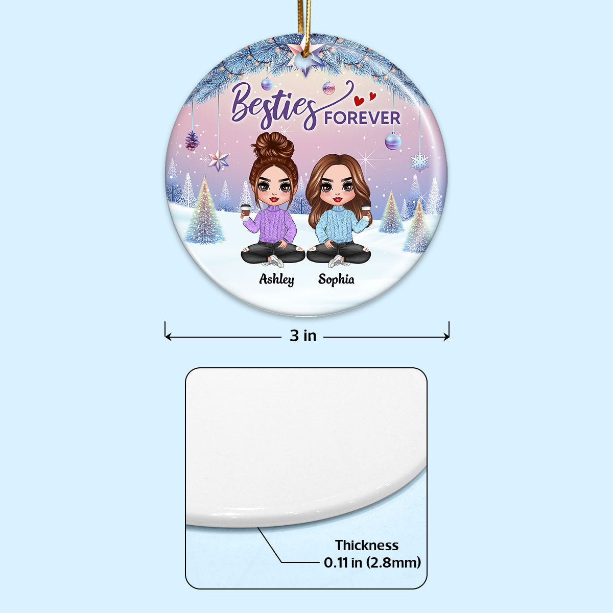 Gradient Background Christmas Besties Sisters Personalized Circle Ornament