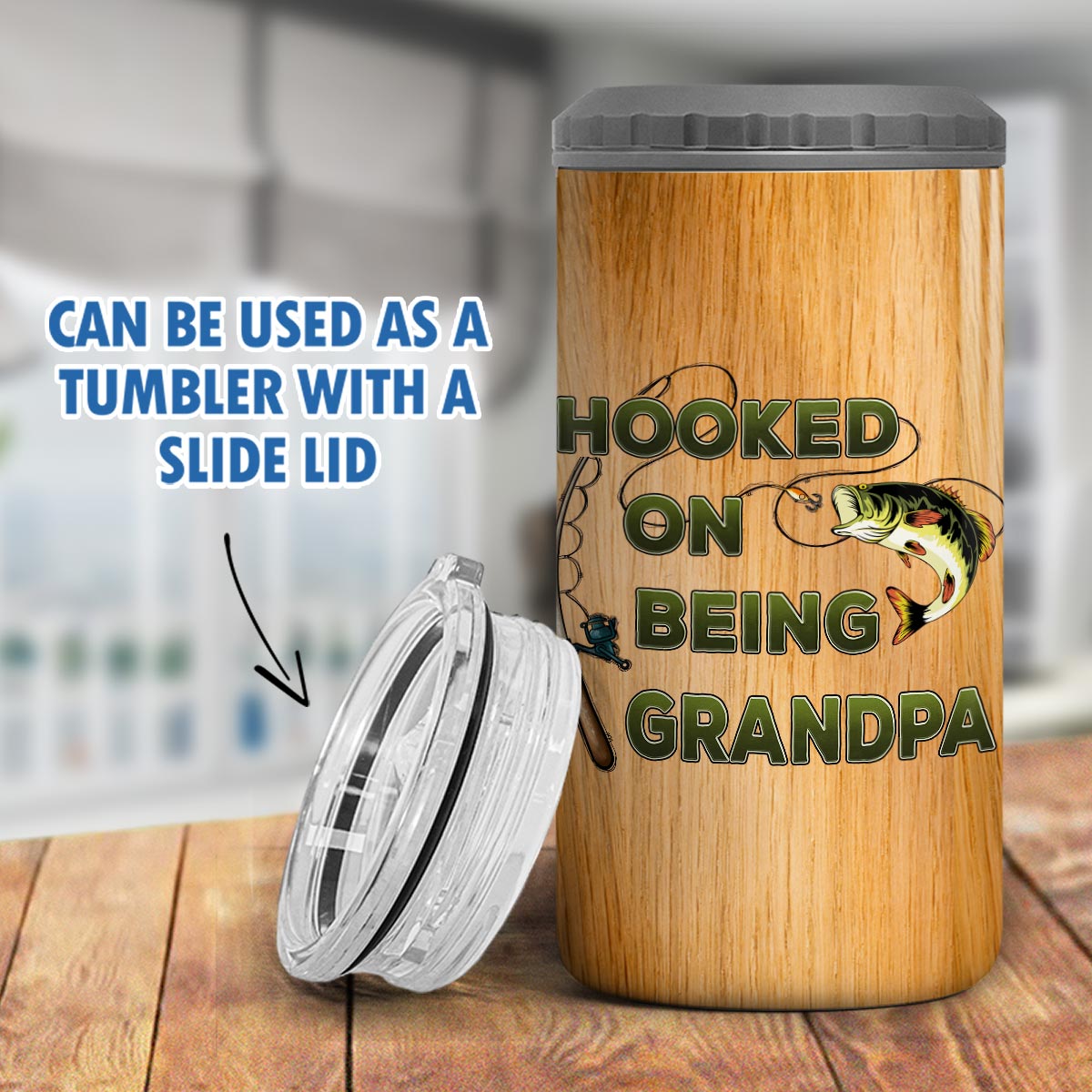 Hook On Being Grandpa Fishing Camouflage Personalized 4 In 1 Can Cooler
