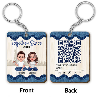 Doll Couple Sitting Denim Frame Favorite Song Scannable QR Code Personalized Wooden Keychain