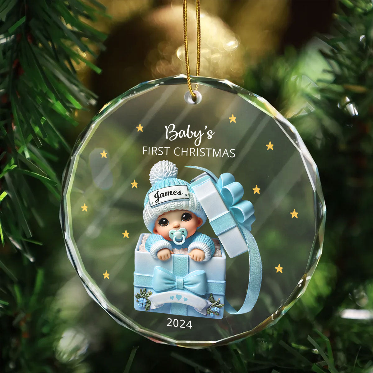 Baby Inside Gift Box Personalized Glass Ornament, Baby First Christmas Keepsake