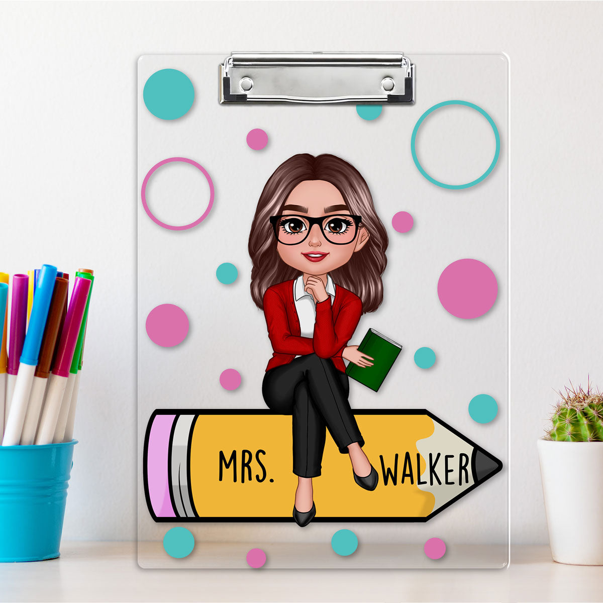 Teacher Sitting On Pencil Appreciation Gift Personalized Clipboard