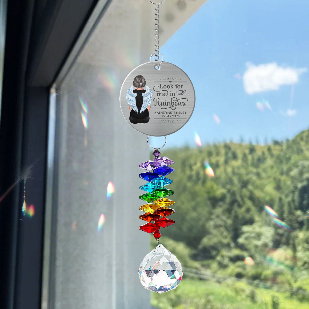 Family Memorial Look For Me In Rainbows Personalized Crystal Suncatcher With Aluminum Charm