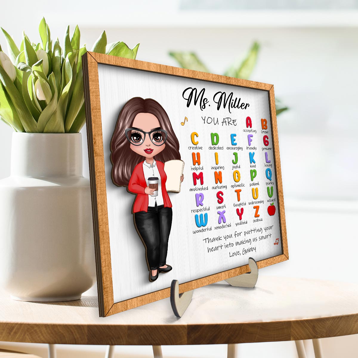 Teacher Appreciation Gift Thank You Alphabet Characteristics Doll Teacher Personalized 2-Layer Wooden Plaque
