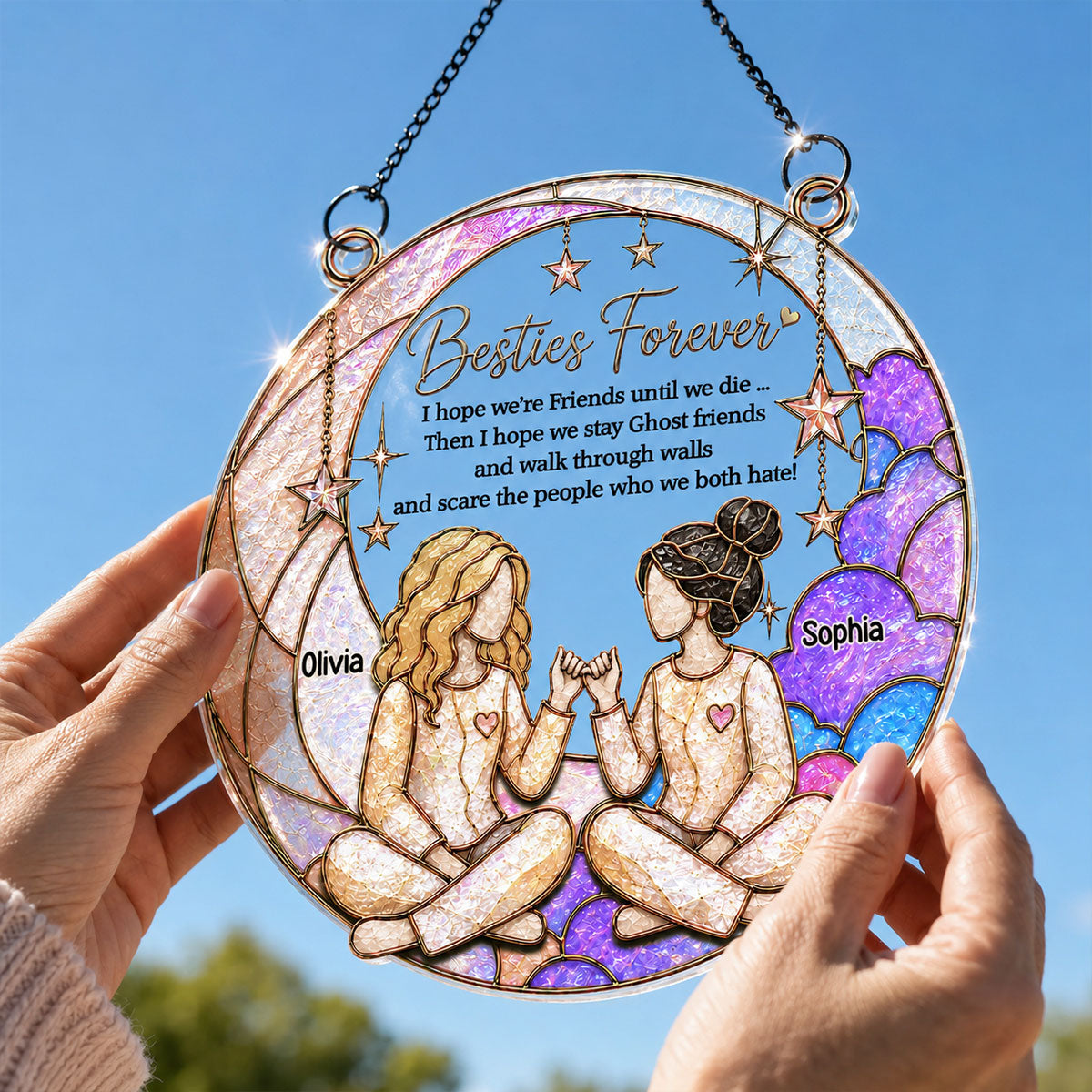 Besties Forever Pinky Promise Moon Theme - Personalized Acrylic Suncatcher - Friendship Keepsake For Best Friends