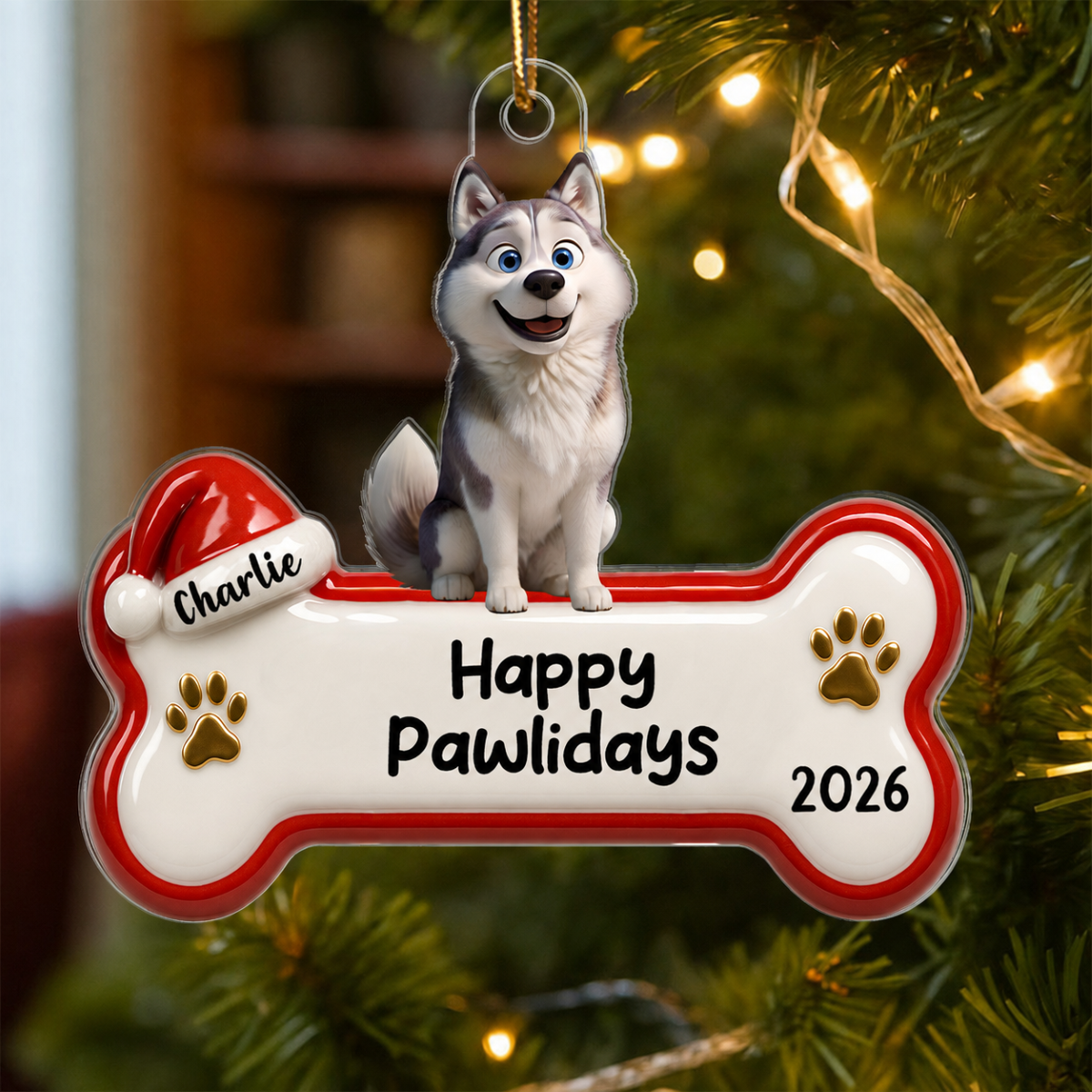 Happy Pawlidays Cartoon Dog 3D Effect - Personalized Acrylic Ornament - Christmas Decor For Dog Lovers