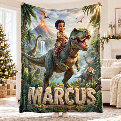 Kid Riding Dinosaur Custom Portrait from Photo - Personalized Fleece Blanket - Christmas Gift for Son, Daughter, Grandkids