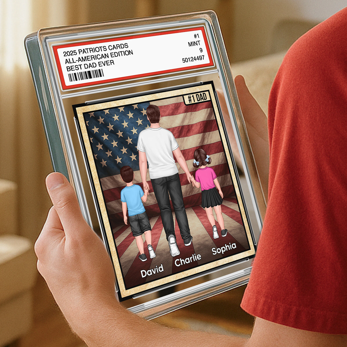 Nation Flag Dad & Kids Walking Patriotic Dad Trading Card Style Personalized Acrylic Block Plaque