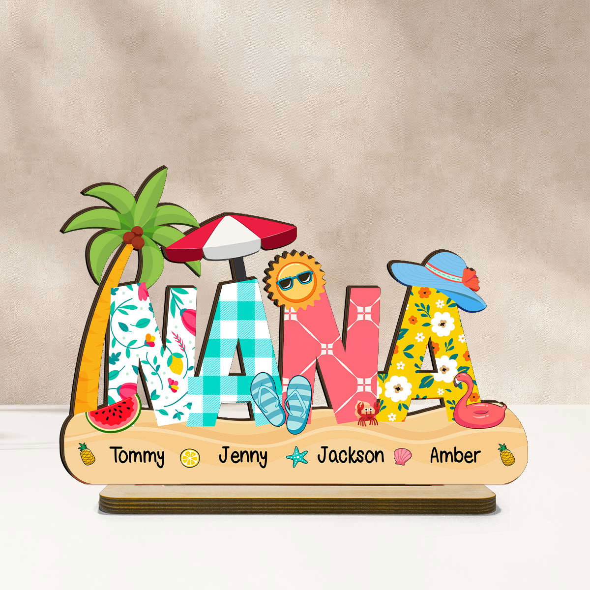 Summer Grandma Mom Pattern Personalized 2-Layer Standing Wooden Plaque