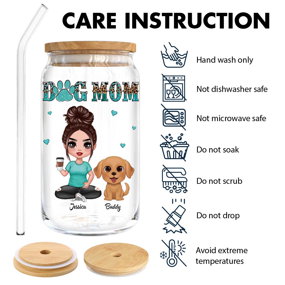 Watercolor Cute Dogs Teal And Leopard Dog Mom Personalized Clear Glass Can
