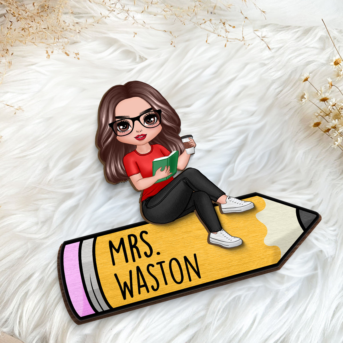 Doll Teacher Reading Books Personalized 2-Layer Wooden Plaque, Back To School Gift For Teacher, Teacher Appreciation Gift