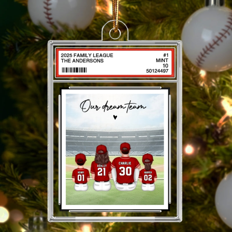 Baseball Family Sitting Couple & Kids Trading Card Style - Personalized Acrylic Ornament - Christmas Decor For Baseball Lovers