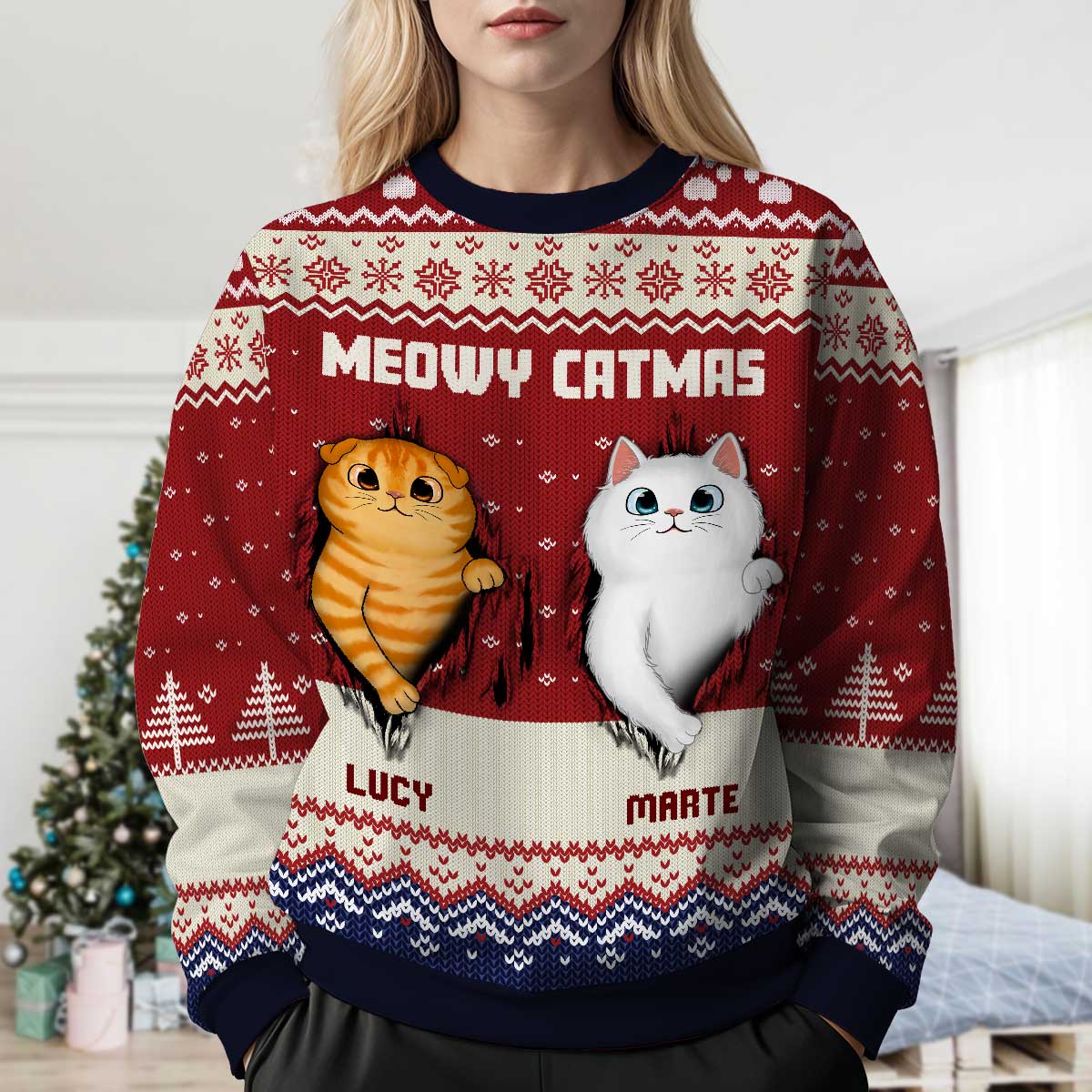 Fluffy Cat Tearing Funny Gift For Cat Lover Personalized Faux Knit Ugly Sweater