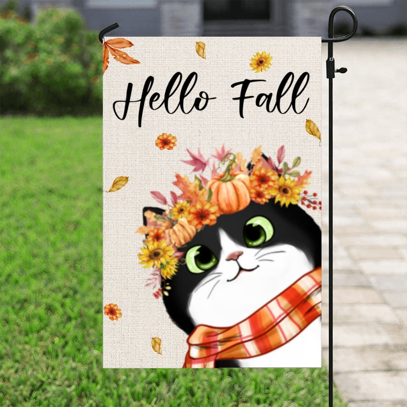 Hello Fall Cute Peeking Cat Personalized Garden Flag