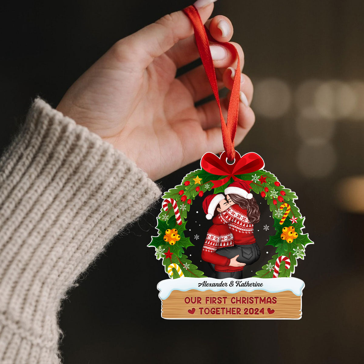 Hugging Kissing Couple Christmas Wreath Personalized Acrylic Ornament, Christmas Gift For Him For Her