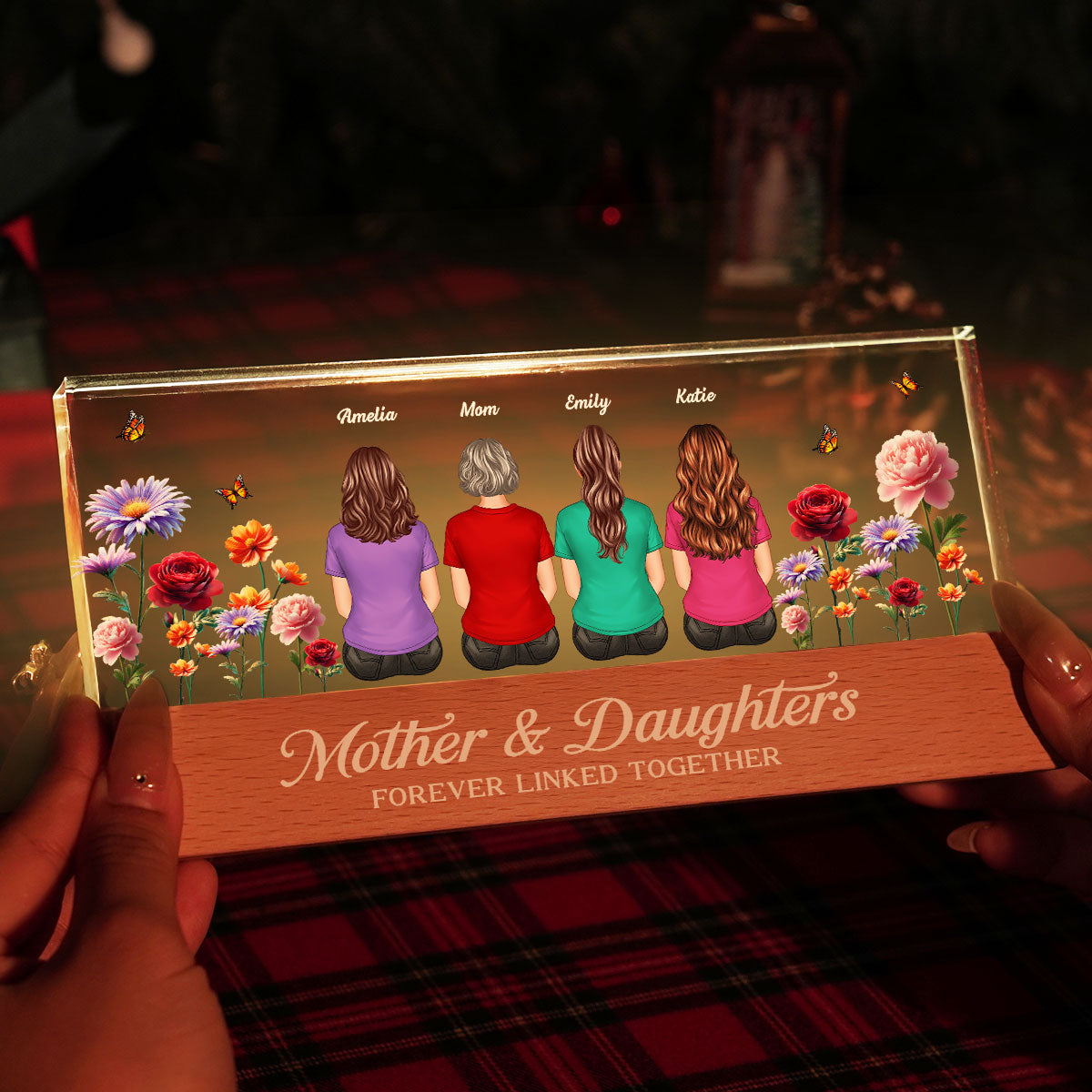 Mother & Daughters Sons Forever Linked Together 3D Effect Birth Month Flowers Personalized Acrylic Block LED Night Light