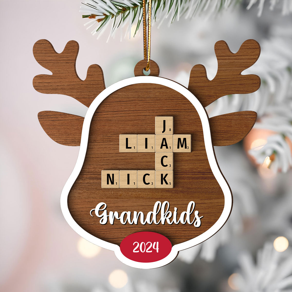 Grandkids Names Reindeer Crossword Puzzle Art Personalized 2-Layer Wooden Ornament, Christmas Gift For Grandma
