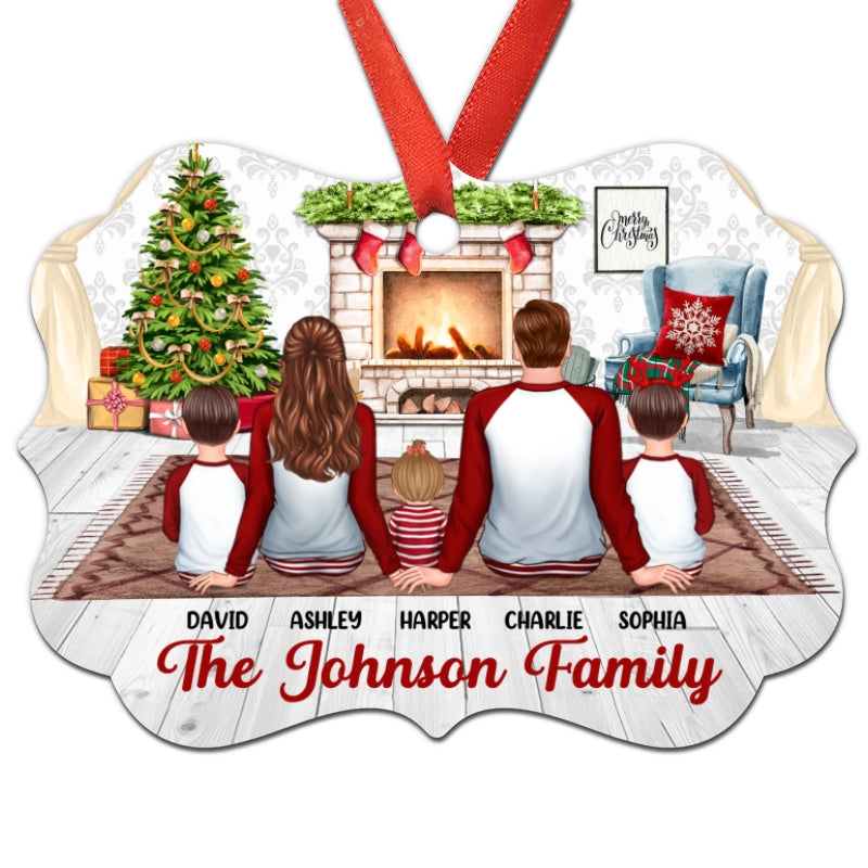 Christmas Family Pajamas Back View At Fireplace Personalized Christmas Ornament