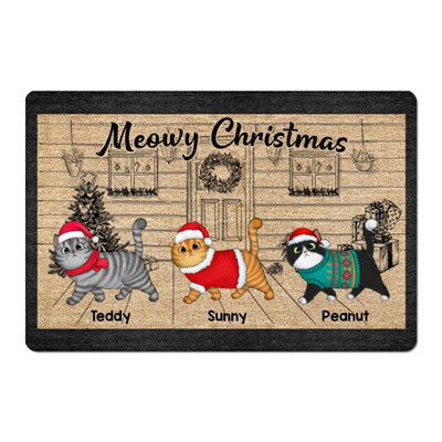 Christmas Fluffy Cats Walking On Front Porch Sketch Personalized Doormat