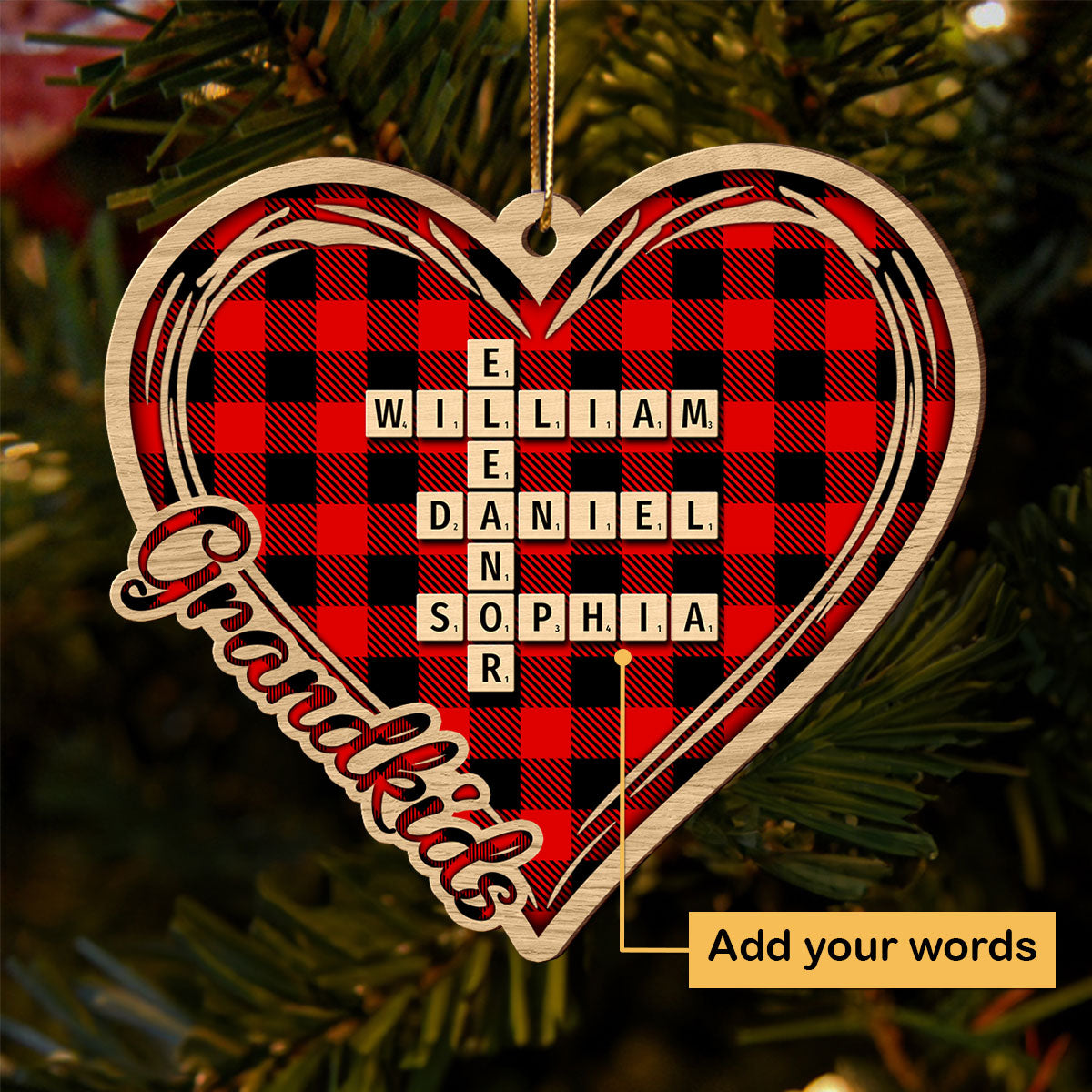 Checkered Heart Crossword Puzzle Art Personalized Wooden Ornament, Christmas Gift for Grandkids, Granddaughter Grandson, Gift for Grandma