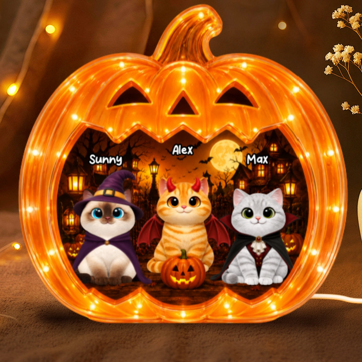 Spooky Halloween Pumpkin Cats - Personalized Light Box - Halloween Decor For Cat Lovers
