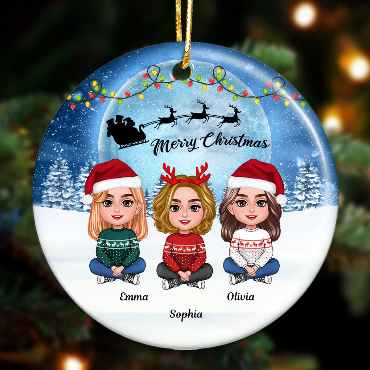 Besties Sisters In Moonlight Snow Christmas Personalized Circle Ornament