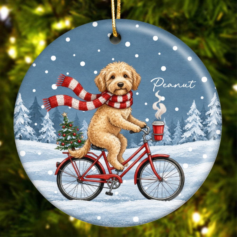 Cute Dog Cat Riding Bike In Snow Winter From Photo Uploaded - Personalized Ceramic Ornament - Christmas Gift For Dog Lovers, Pet Lovers