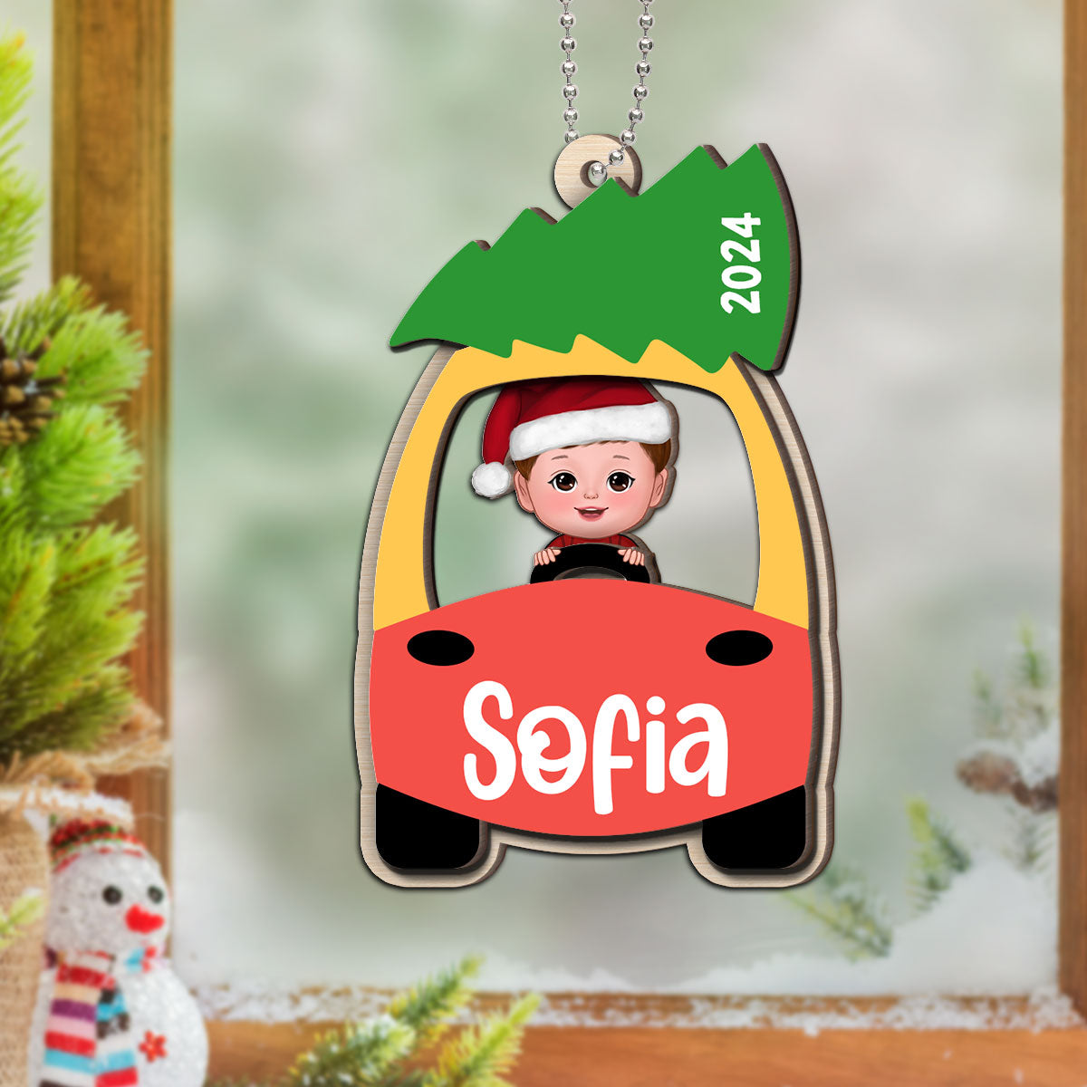 Kid On Christmas Toy Car First Christmas Personalized 2-Layer Wooden Ornament