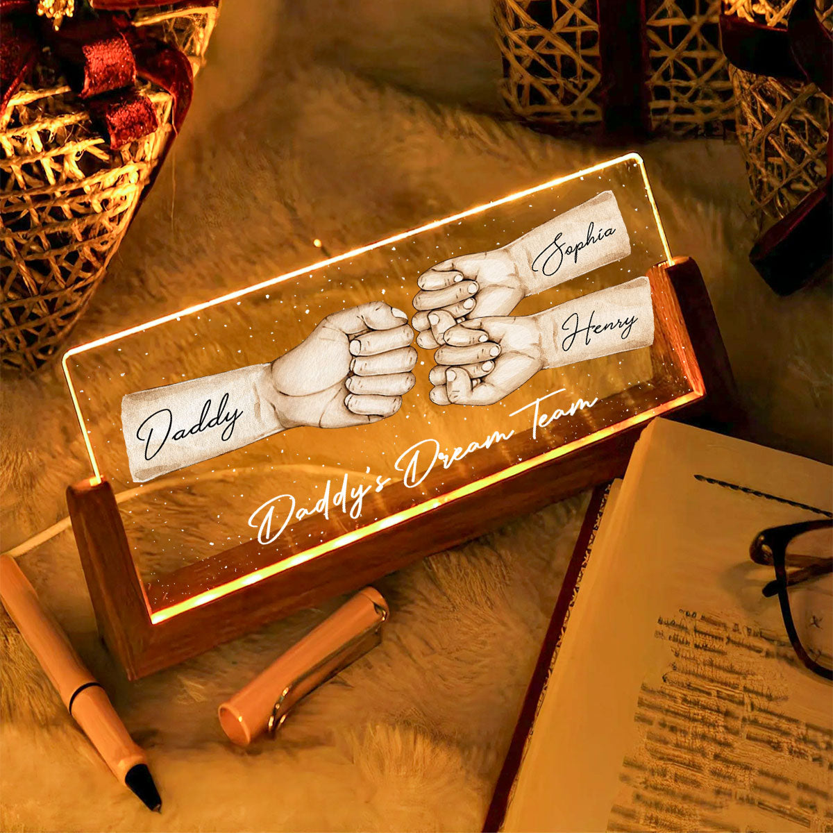 Daddy's Team Fist Bump Personalized U-Base Acrylic LED Night Light, Gift For Dad, Grandpa, Husband