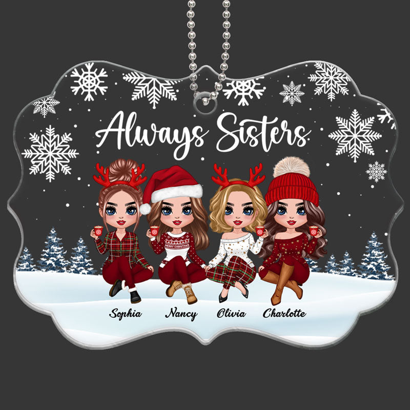 Doll Sisters Siblings Sitting Snow Background Personalized Acrylic Ornament