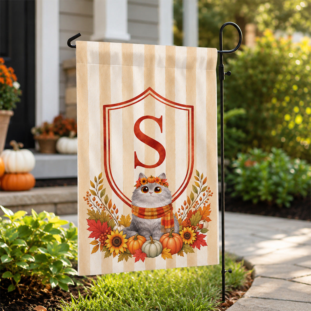 Fall Season Monogram Initial Family Cat Lovers - Personalized Garden Flag, Hydrangea Shield