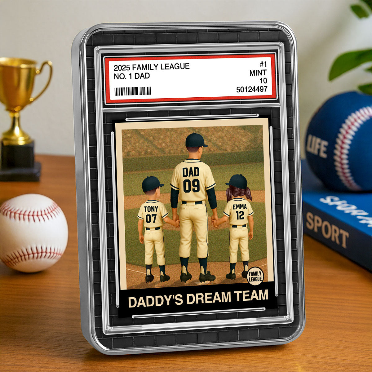 Baseball No. 1 Dad Man & Kids Trading Card Style Personalized Mirrored Picture Frame