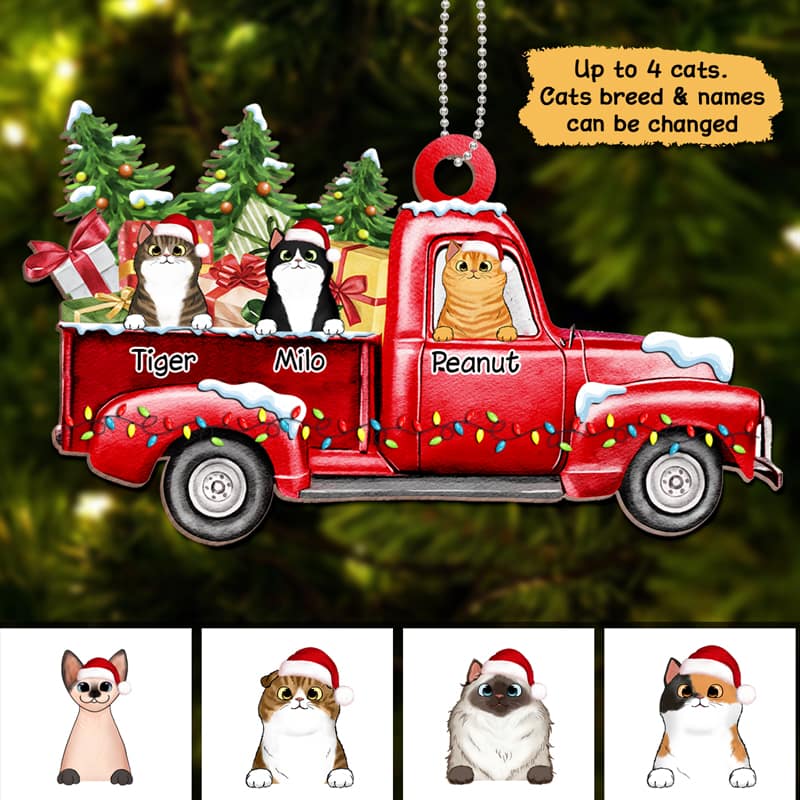 Peeking Cats On Christmas Truck Personalized Wooden Ornament