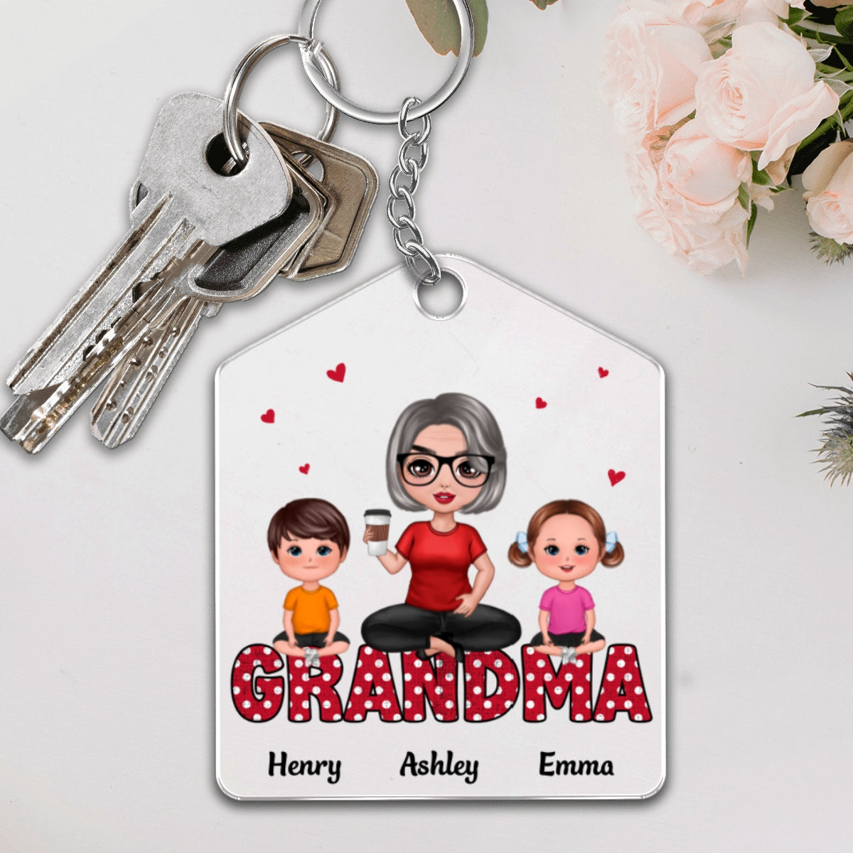 Grandma Polka Dot Pattern Doll Woman & Kids Sitting On Word Personalized Acrylic Keychain