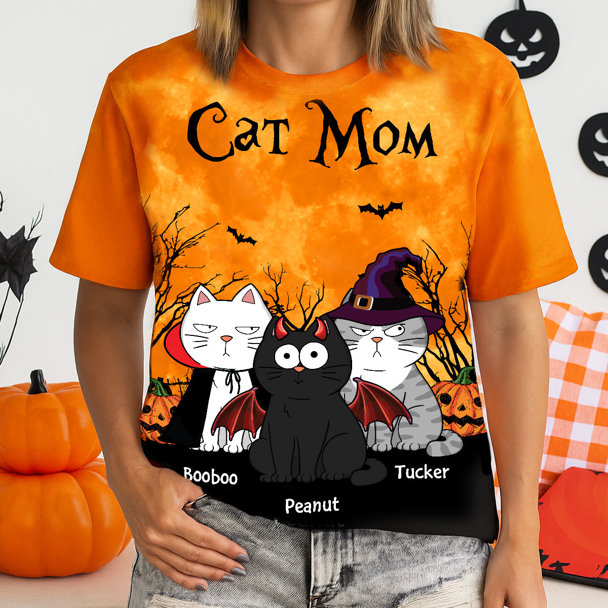 Cat Mom Halloween Moon Light Bat Tree Annoying Cat Personalized Shirt, Purrfect Costume for Cat Lover