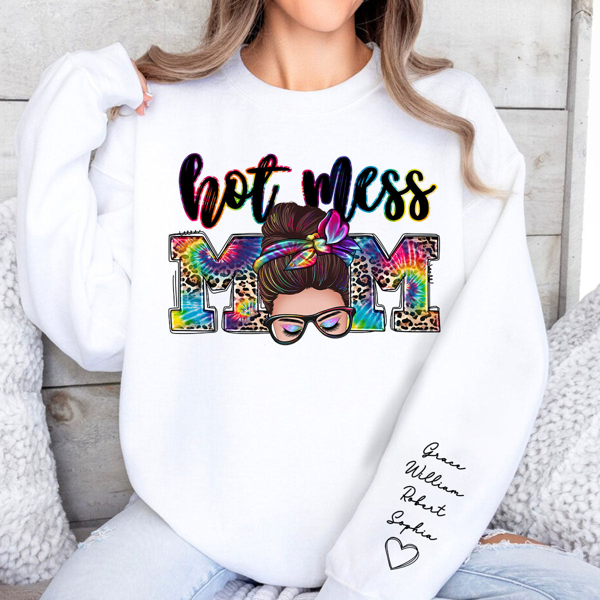 Hot Mess Mom Messy Bun, Western Mom, Personalized Sleeve Printed Sweatshirt