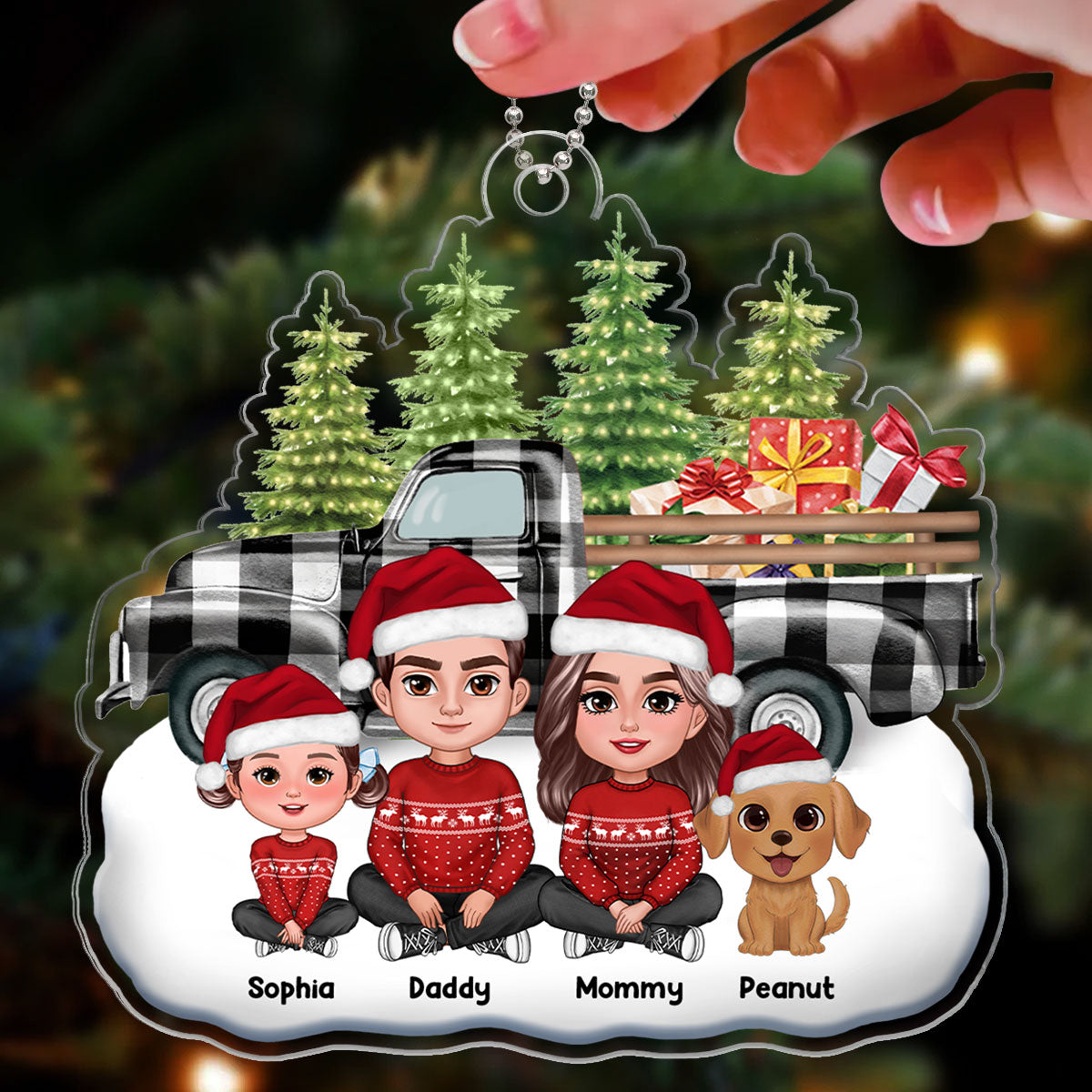 Buffalo Plaid Christmas Truck Family Dad Mom Kids Dogs Cats Crossed Legs Sitting Personalized Acrylic Ornament