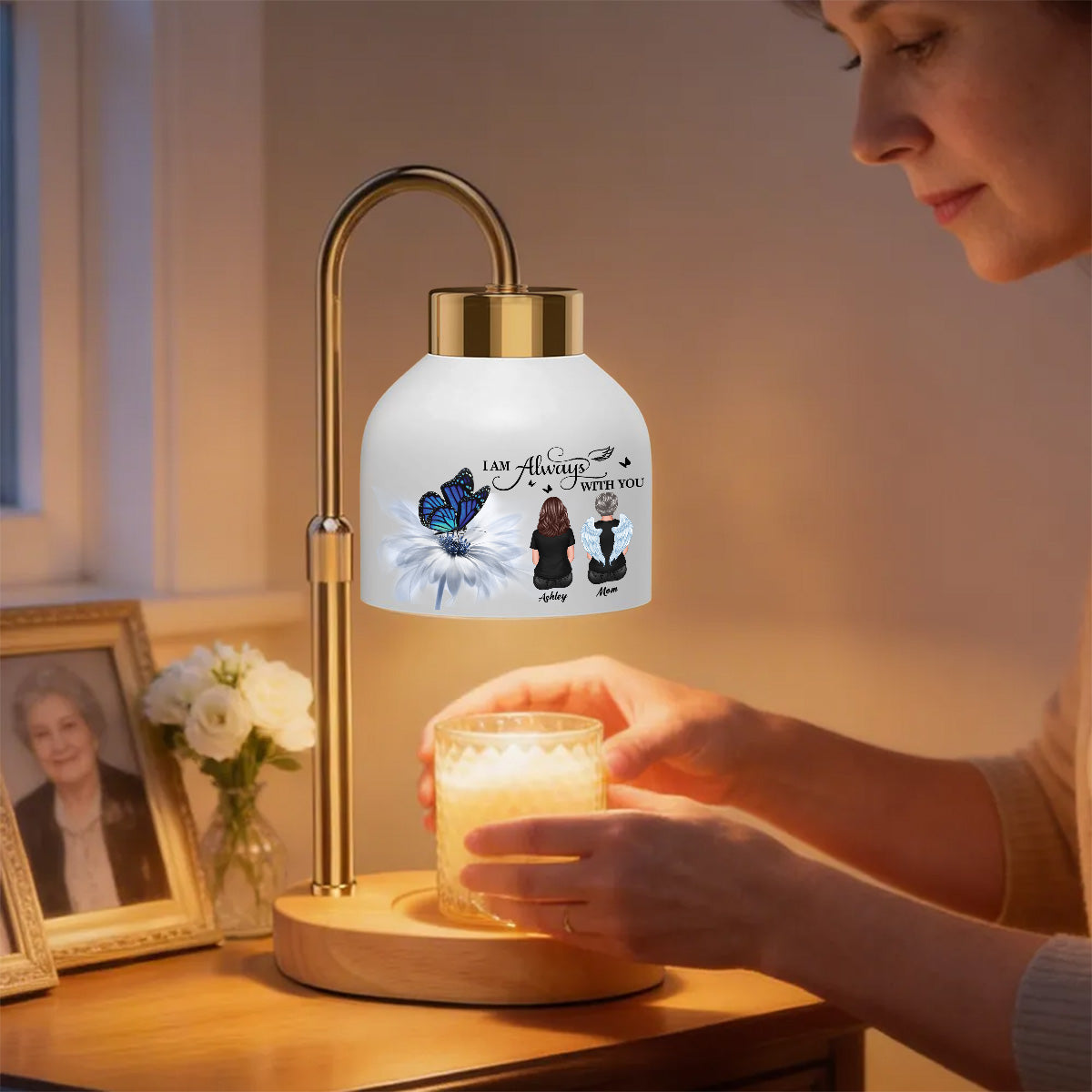 Always With You Memorial Butterfly On Daisy - Personalized Candle Warmer Lamp - Memorial Gift, Remembrance Keepsake