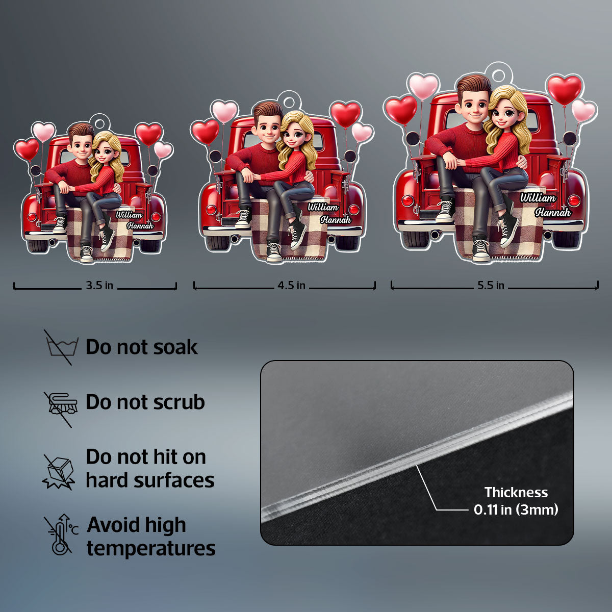 3D Effect Couple Sitting On Red Truck Personalized Acrylic Car Hanger,  Gift, Anniversary Gift For Couples