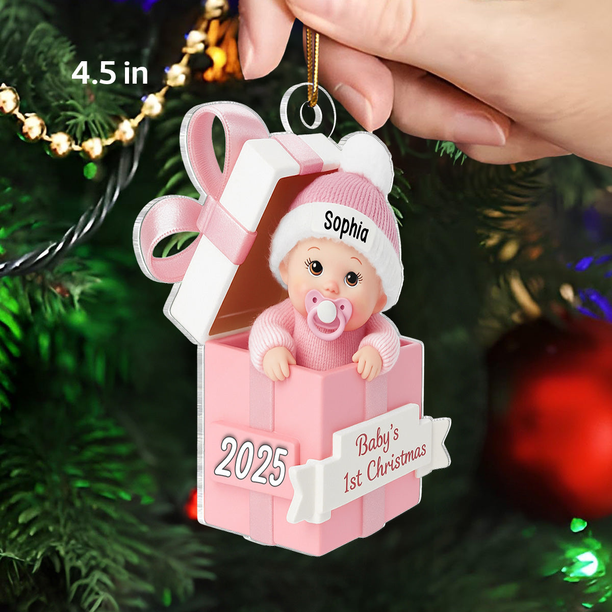 3D Effect Baby In Gift Box - Personalized Acrylic Ornament - First Christmas Keepsake