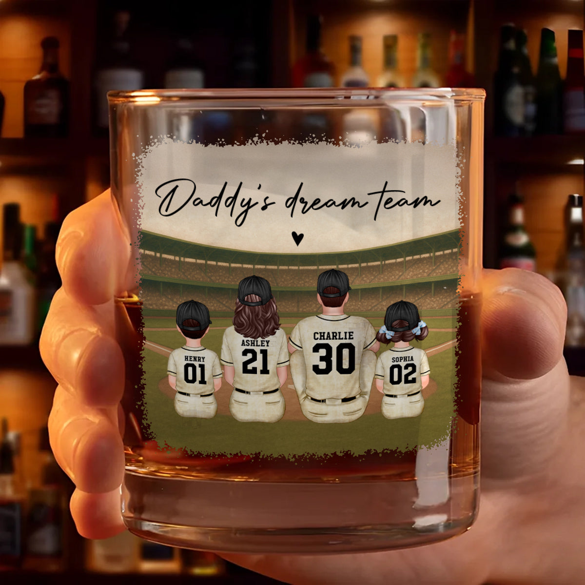 Retro Vintage Baseball Daddy's Dream Team Personalized Wine Glass, Whiskey Glass, Gift For Dad