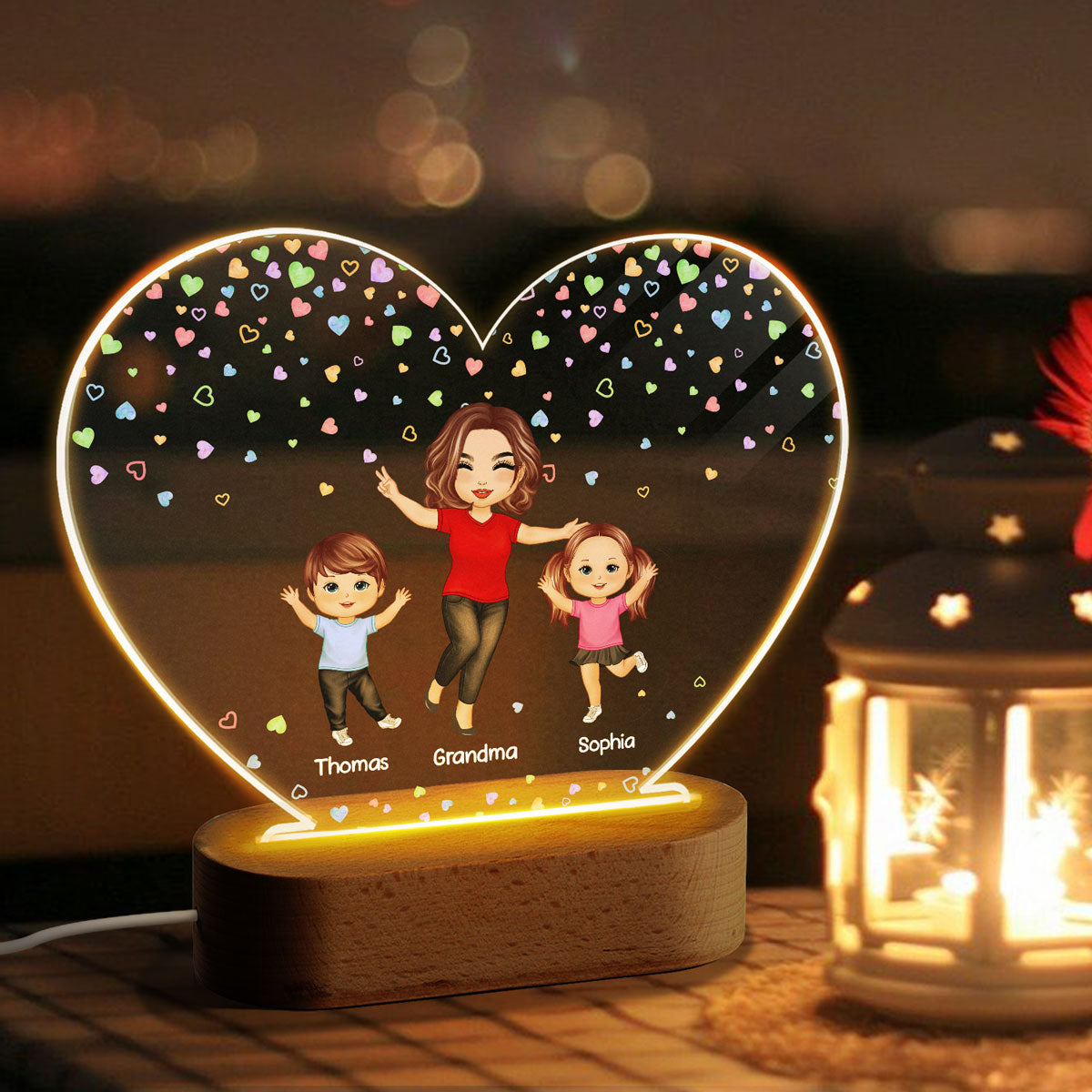 Colorful Flying Hearts Happy Doll Grandma Mom And Kids Personalized Heart Acrylic Plaque LED Night Light