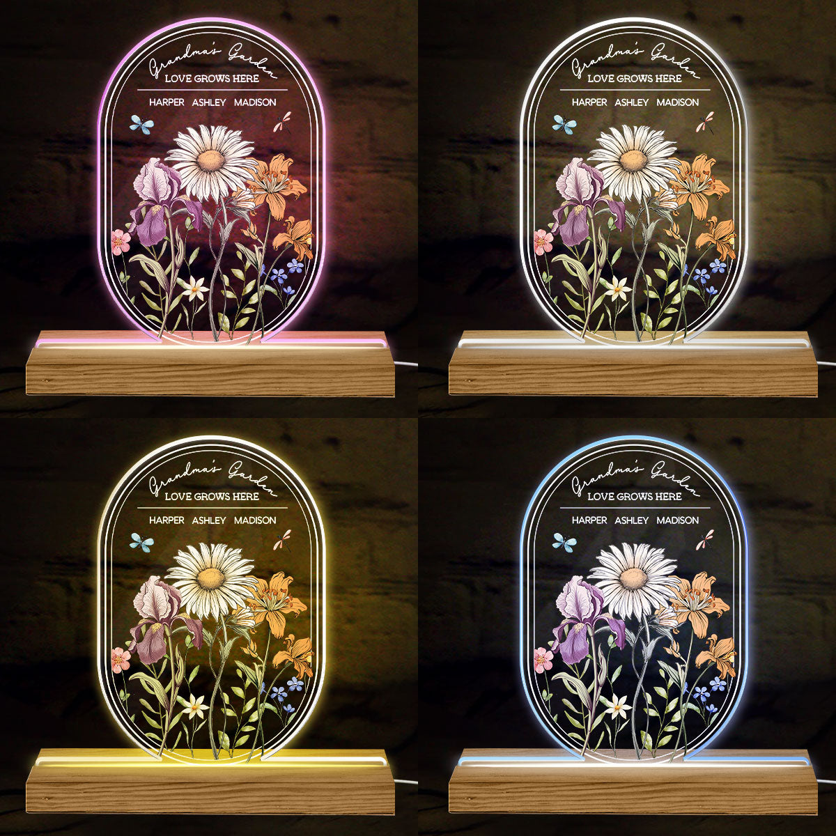 Personalized Birth Month Flowers Grandma's Garden Oval Shaped Acrylic Night Light, Gift for Mom, for Grandma