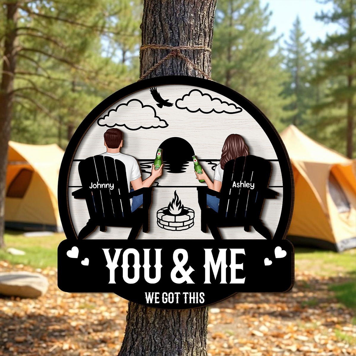 Camping Couple Sitting Back View, Campfire, Fire Pit Personalized Wood Sign