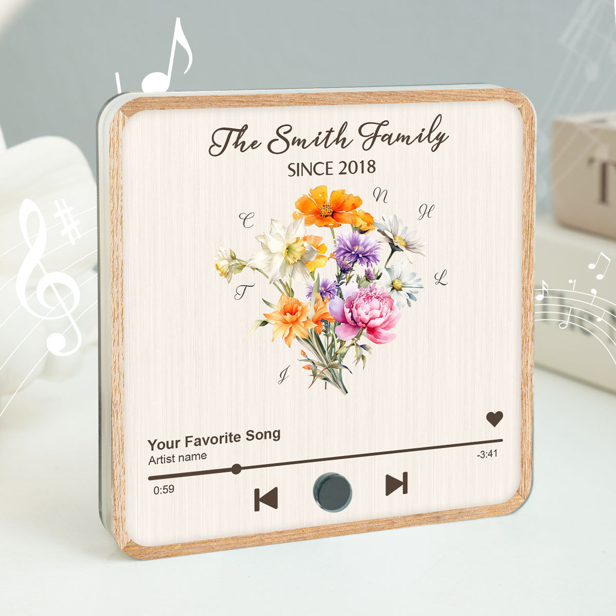 Birth Month Flower Bouquet Family Name Personalized Music Fridge Magnet