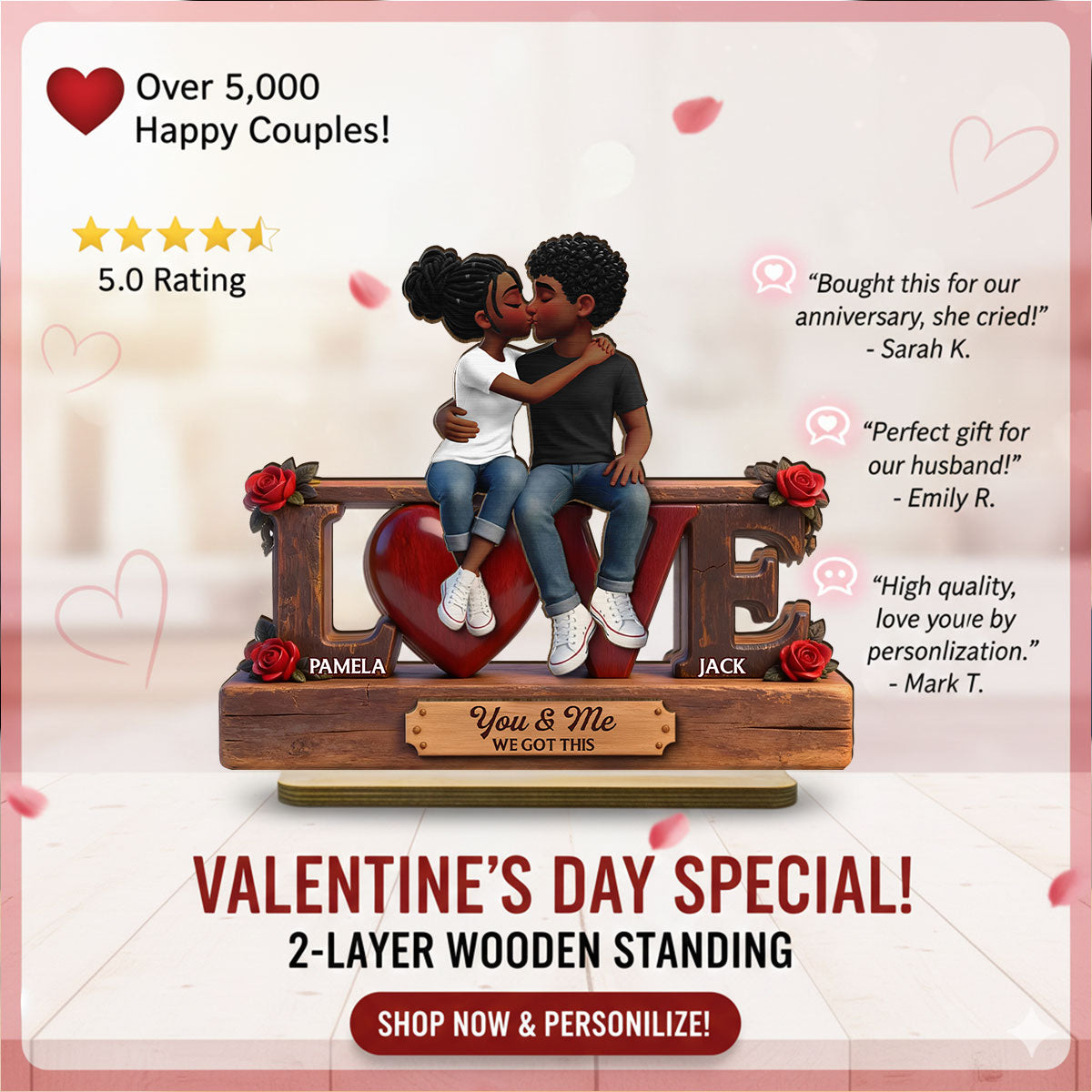 Roses LOVE Couple Sitting Kissing - Personalized 2-Layered Wooden Plaque - Heartfelt Gift For Couple, For Him, For Her