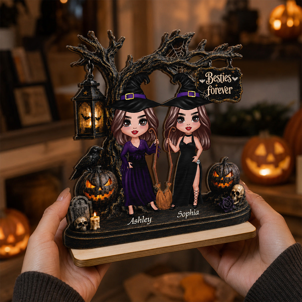 Witch Besties Spooky Halloween Tree 2D Flat - Personalized 2-Layer Wooden Plaque - Tabletop Tier Tray Wicca Pagan Decor